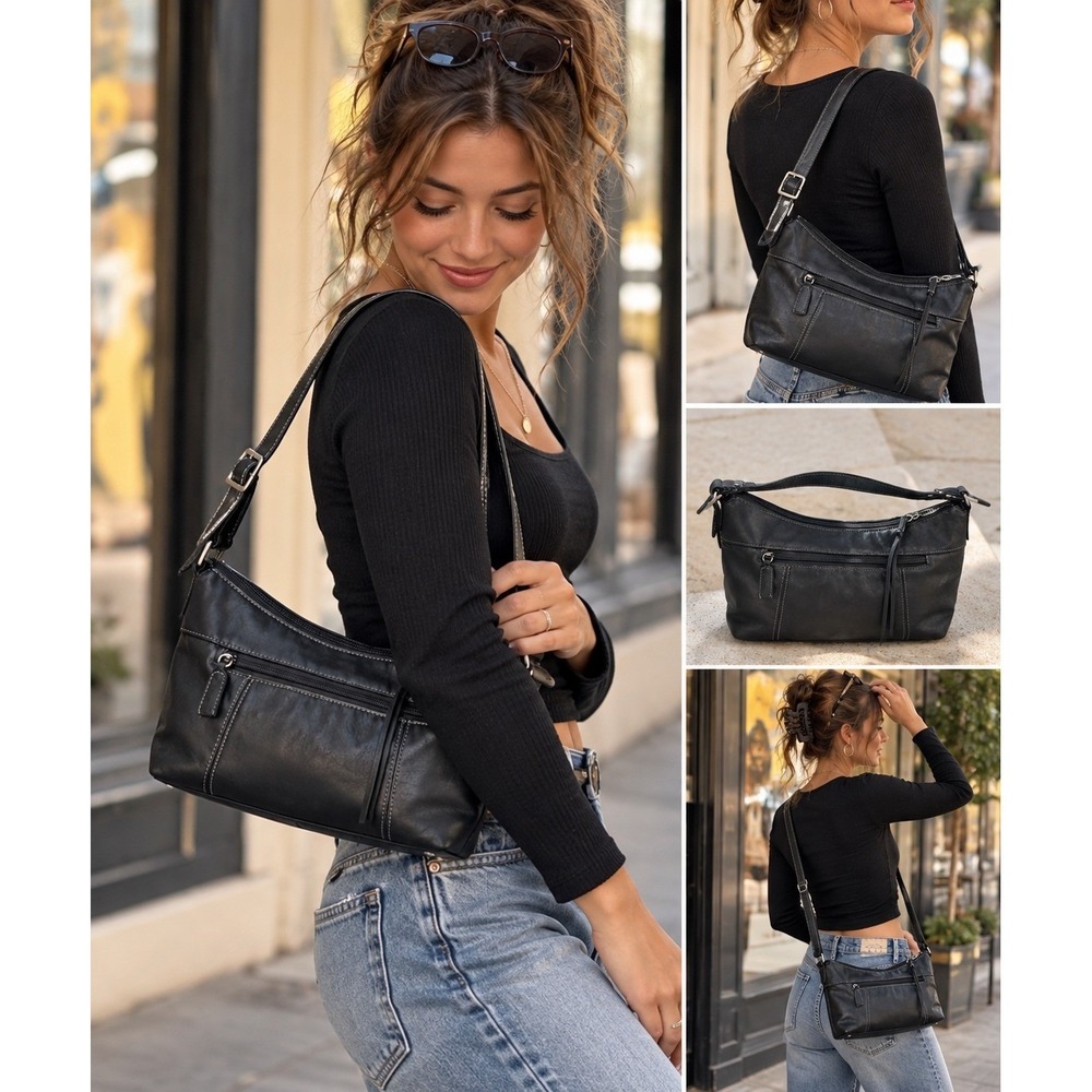 Tignanello Black Leather Double Zip Shoulder Baguette Bag Y2K Multi Pocket